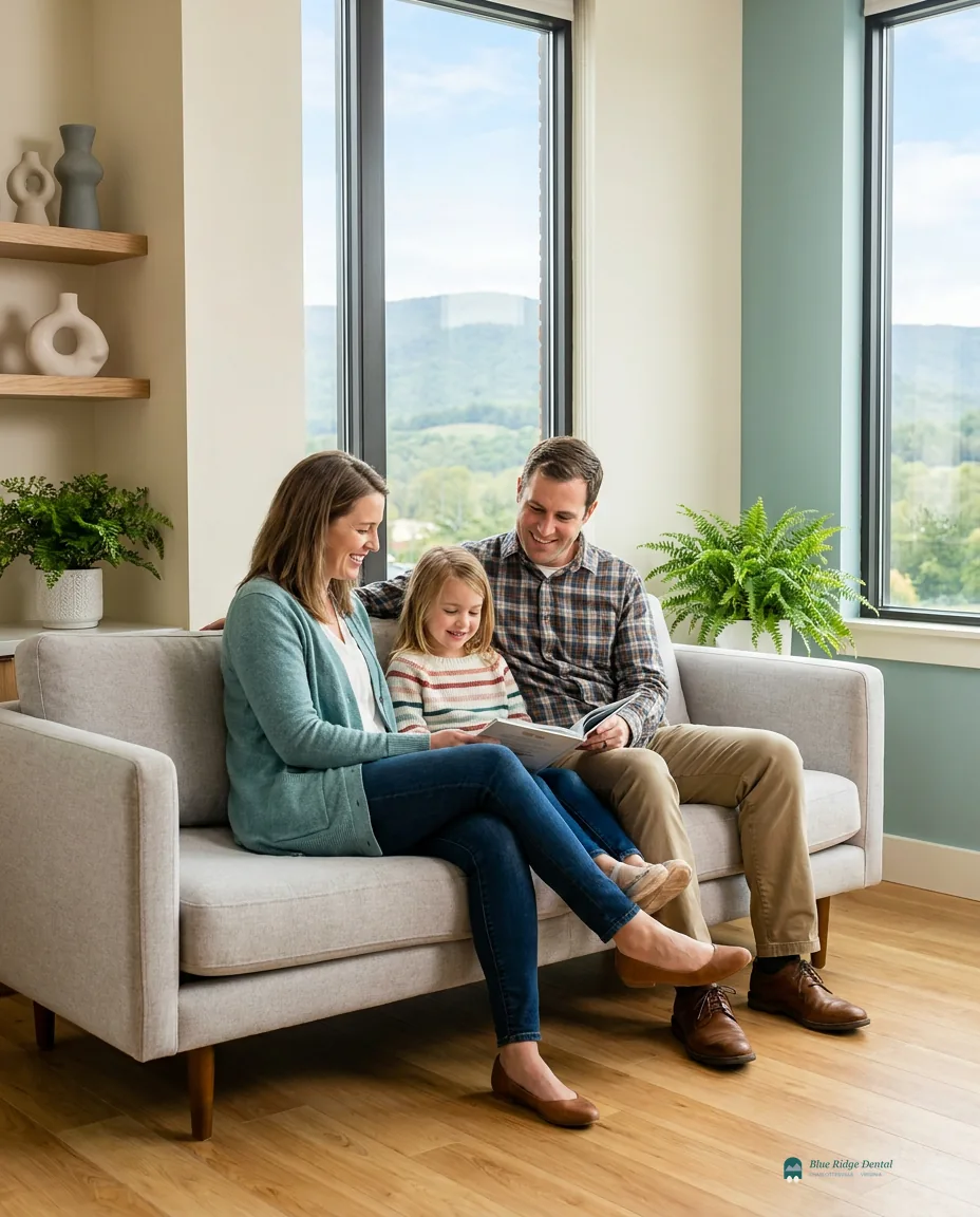 Family relaxing in a calm dental waiting room with Blue Ridge mountain views