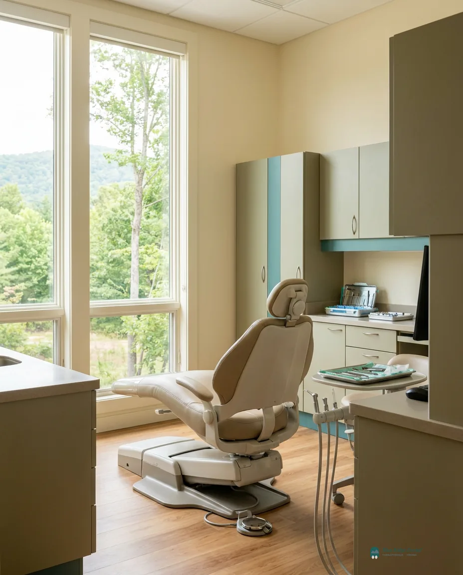 Bright dental treatment room with Blue Ridge mountain views through the window