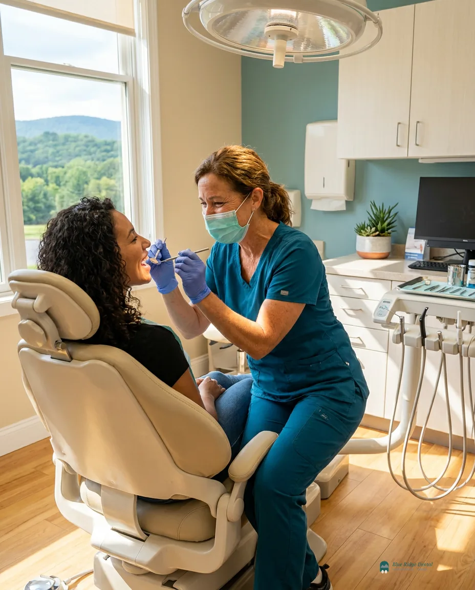 Dental hygienist working with modern equipment in a bright clinic room