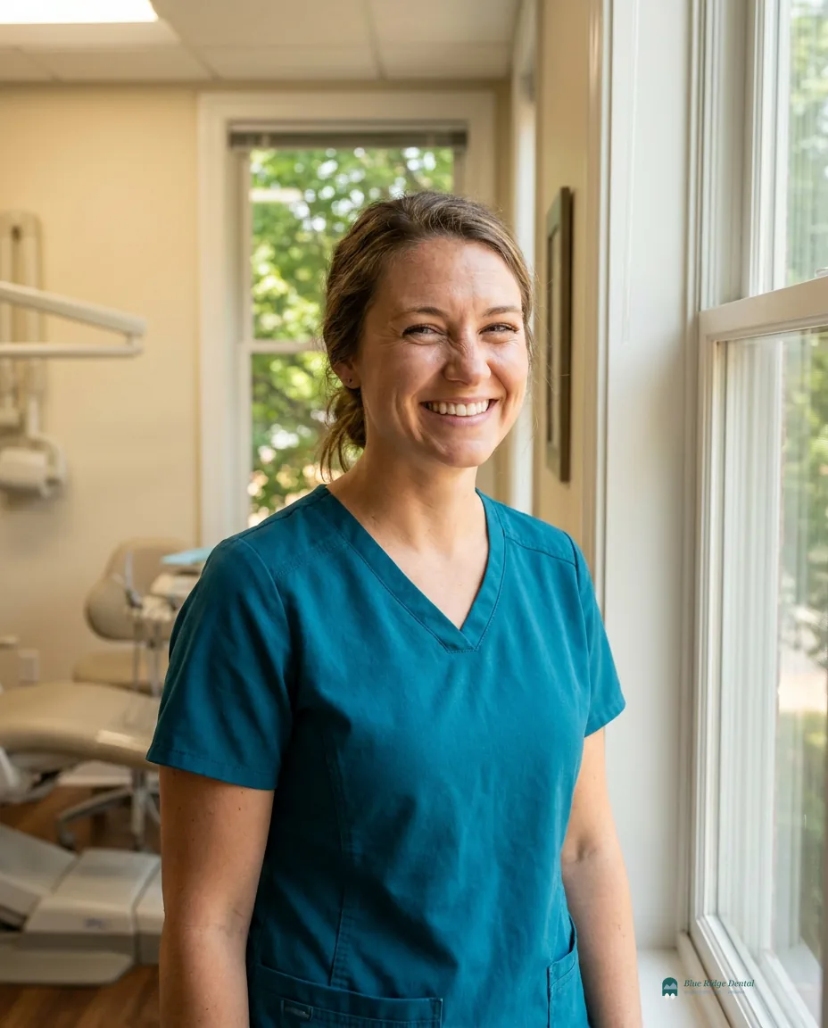 Dental team member smiling in scrubs in a Charlottesville clinic