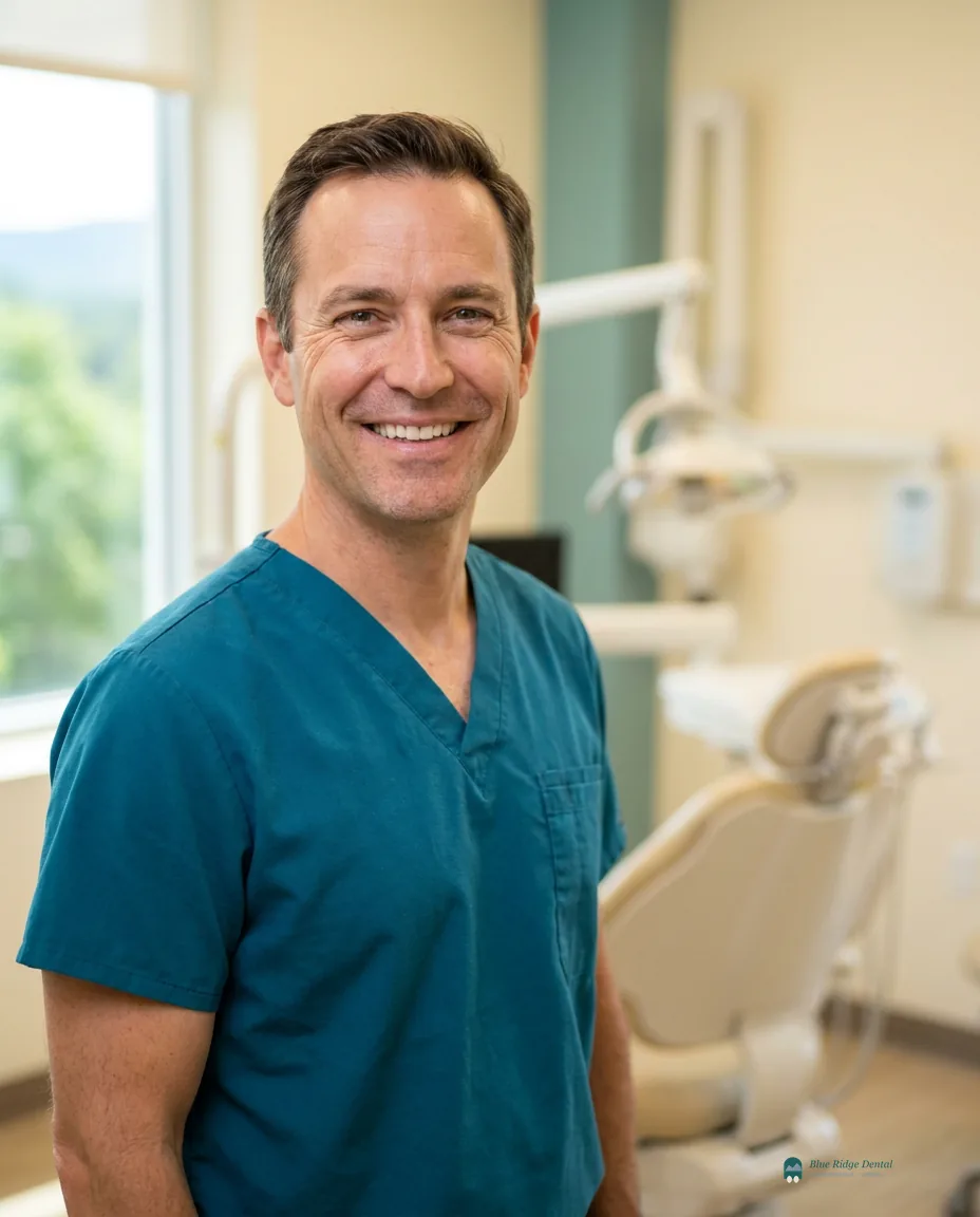 Lead dentist smiling in scrubs in a bright dental clinic